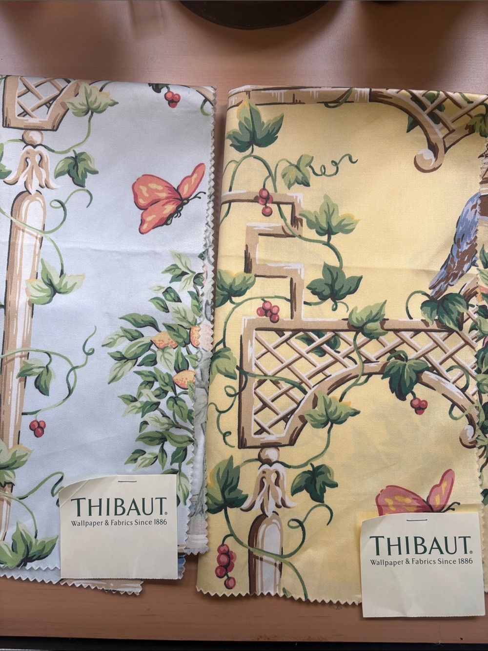 Lot of TWO Thibaut 26" Botanical Fabric Samples in Yellow & Pale Blue NWT!